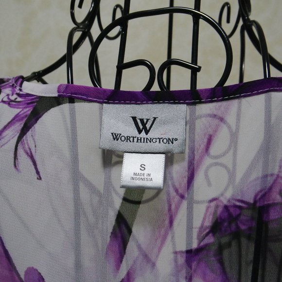 Worthington White Sheer Purple Floral Flutter Cap Sleeve Button Close Be… - Picture 11 of 13